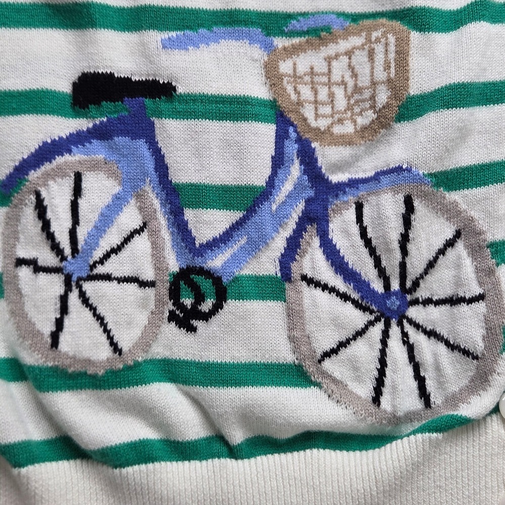 Talbots Green White Striped Cotton Knit Cardigan XL Bicycle Embroidered Preppy - Picture 9 of 12